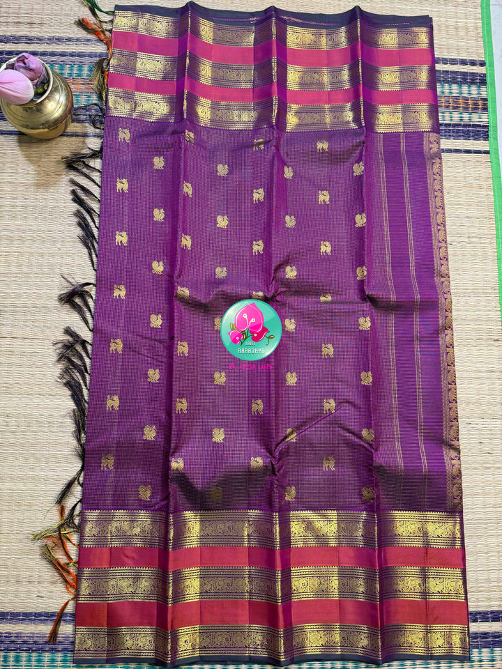 Violet Vaira Oosi: Pure Kanchipattu Saree with Checkered Crimson Grandeur