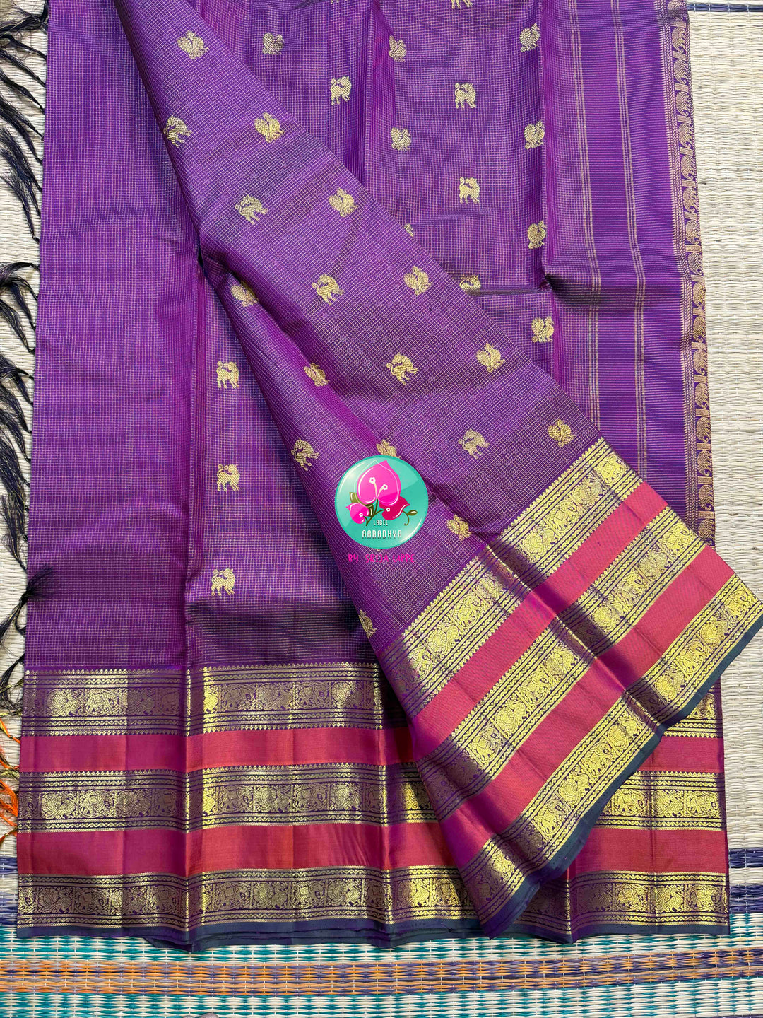 Violet Vaira Oosi: Pure Kanchipattu Saree with Checkered Crimson Grandeur