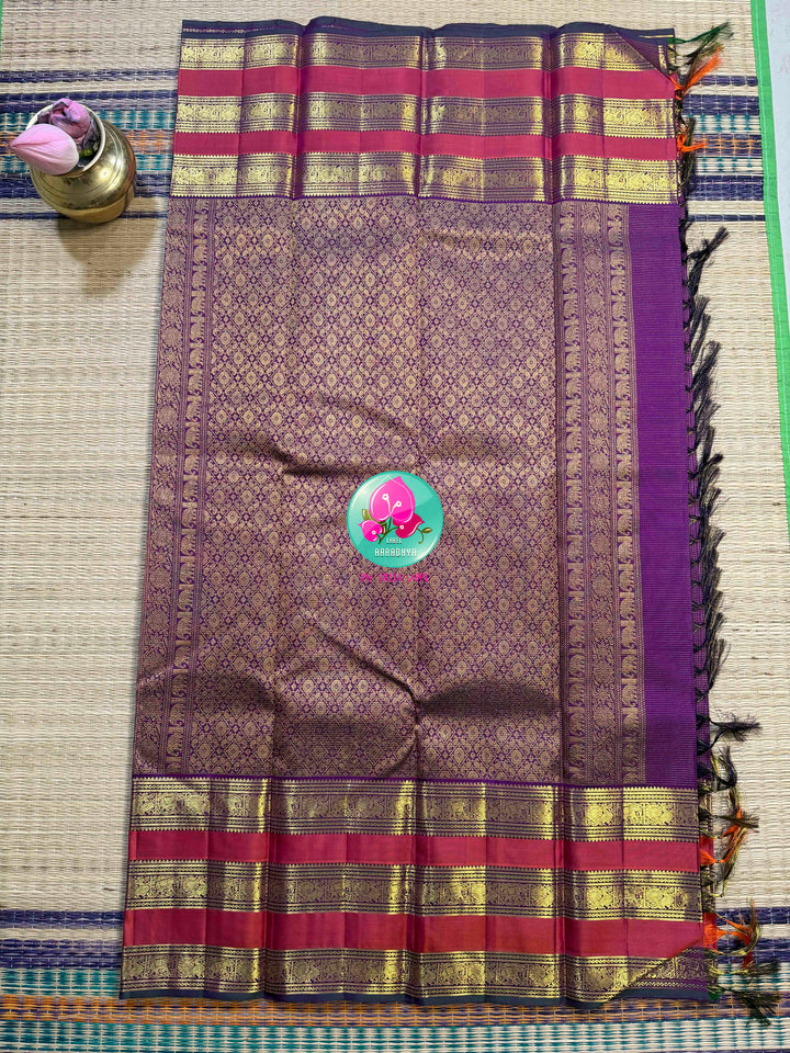 Violet Vaira Oosi: Pure Kanchipattu Saree with Checkered Crimson Grandeur
