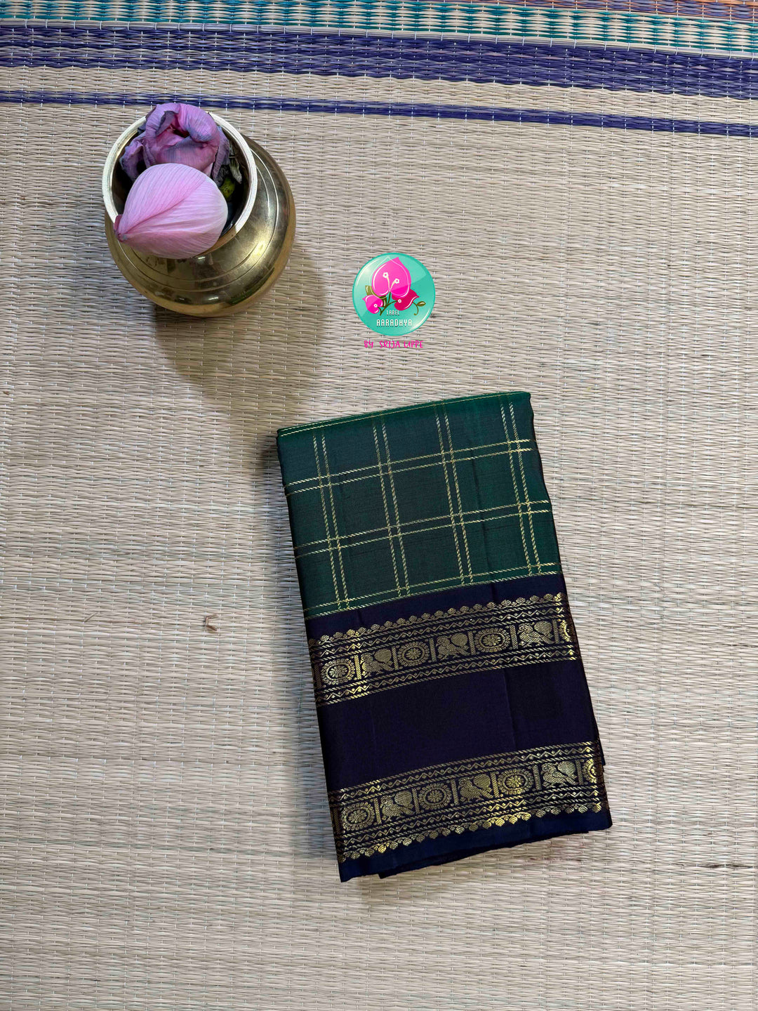 Emerald Checkmate: Bottle Green 2G Kanchipattu Saree with Sapphire Blue Contrast