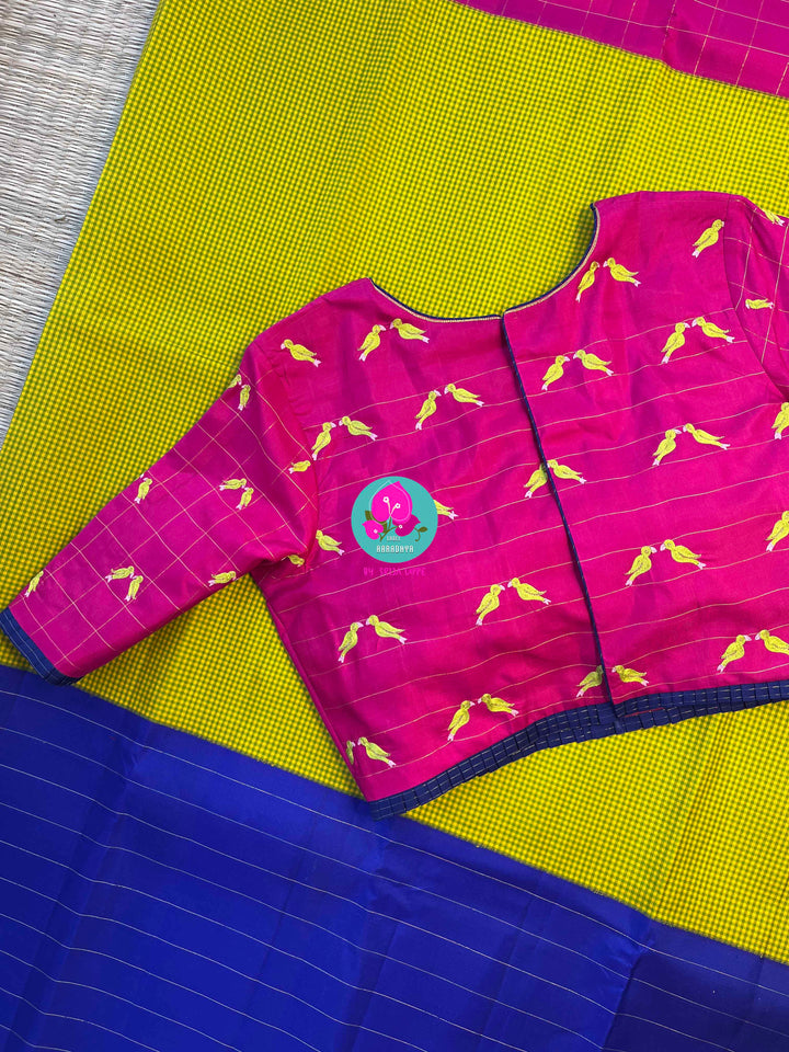 The Modern Madras: Checked Kanjivaram Saree in Chartreuse & Fuchsia with Ganga Jamuna Borders