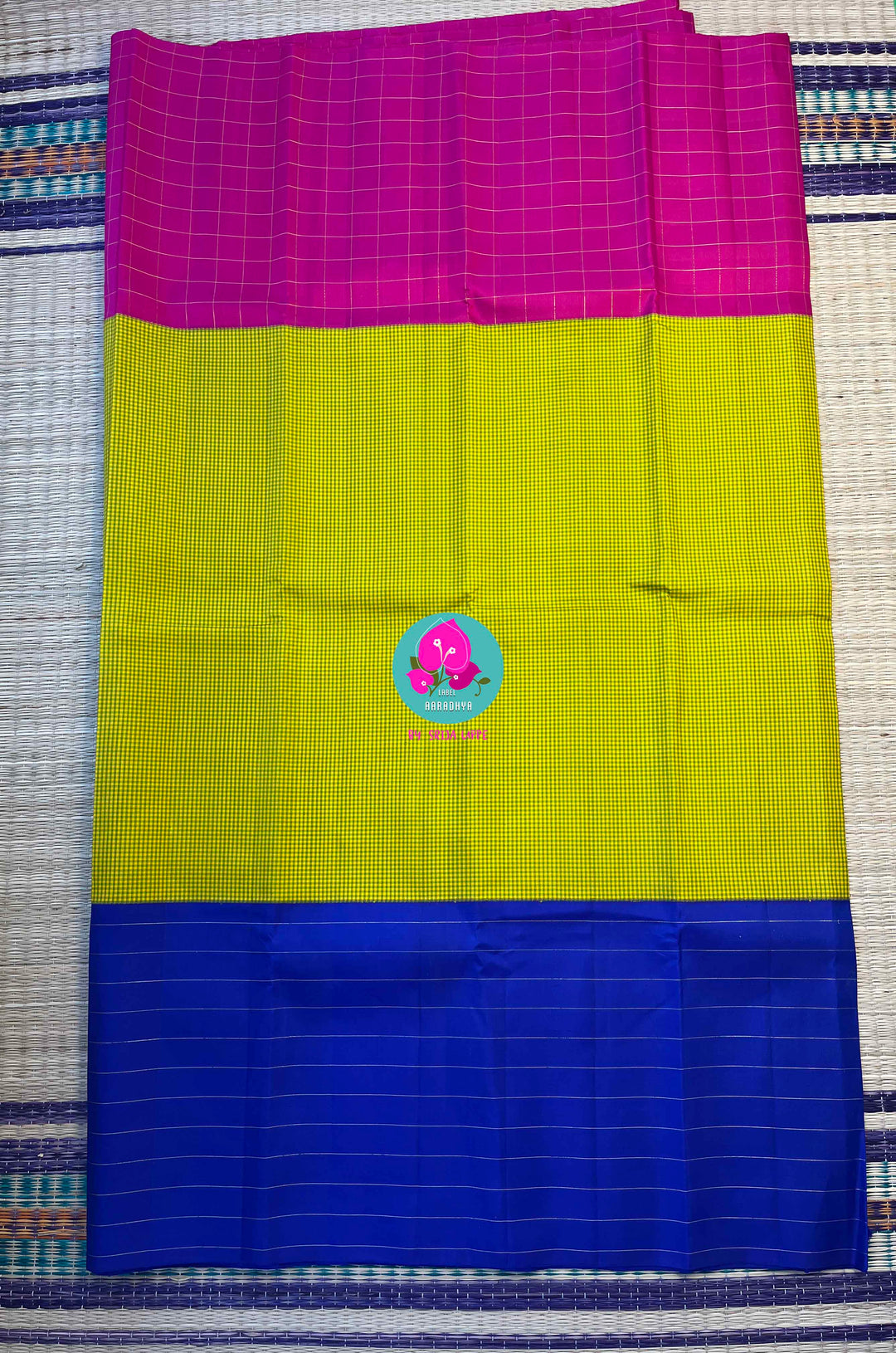 The Modern Madras: Checked Kanjivaram Saree in Chartreuse & Fuchsia with Ganga Jamuna Borders