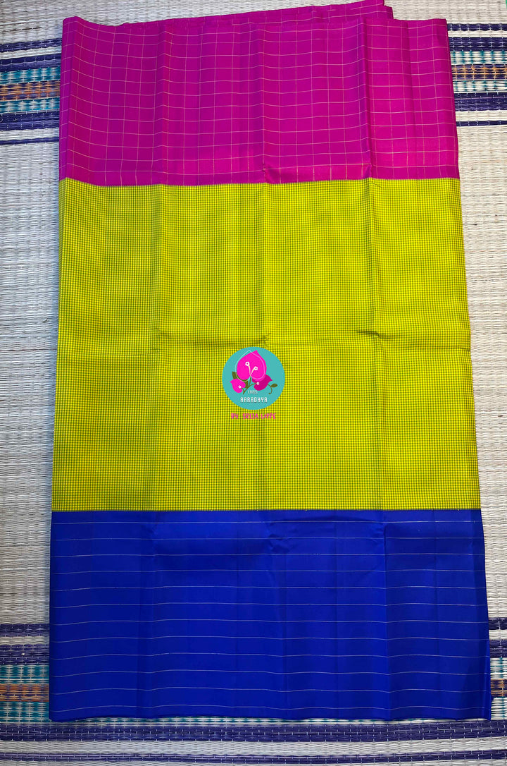 The Modern Madras: Checked Kanjivaram Saree in Chartreuse & Fuchsia with Ganga Jamuna Borders