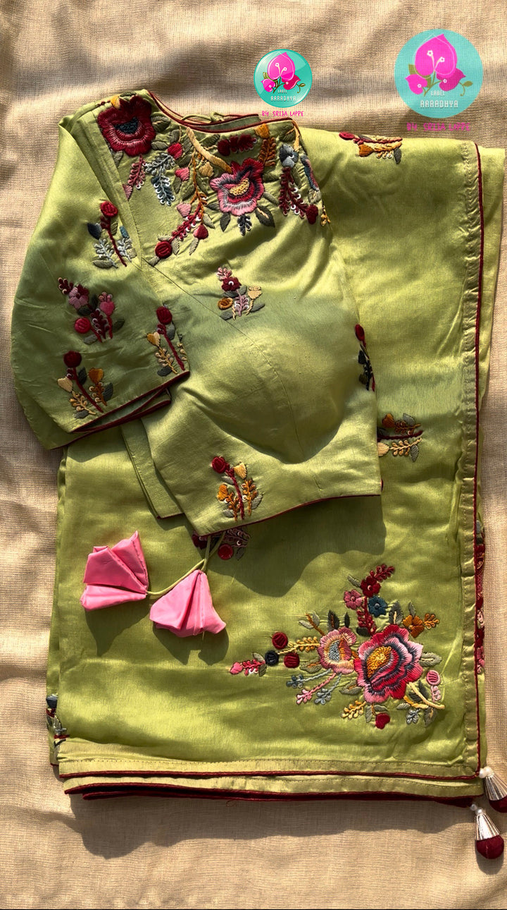 Botanical Meadow Grace: Light Olive Green Pure Tussar Silk Saree with Handloom Floral Threadwork Embroidery & Coordinated Designer Blouse