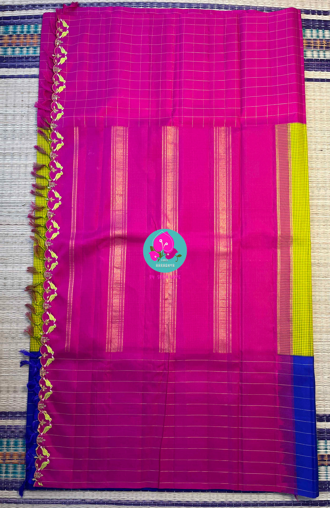 The Modern Madras: Checked Kanjivaram Saree in Chartreuse & Fuchsia with Ganga Jamuna Borders
