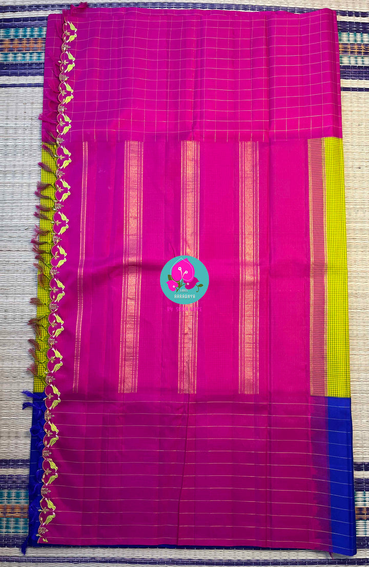 The Modern Madras: Checked Kanjivaram Saree in Chartreuse & Fuchsia with Ganga Jamuna Borders