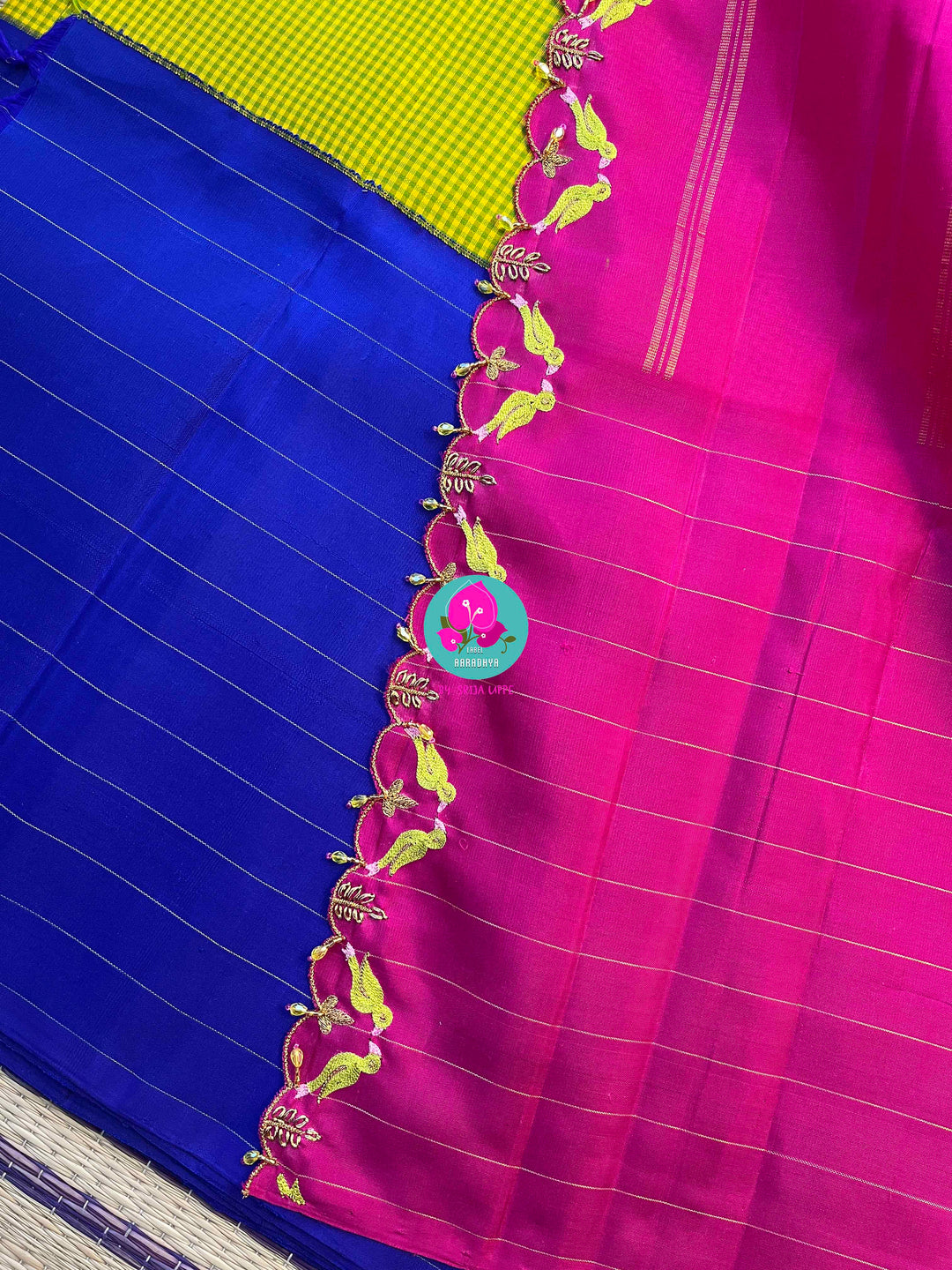 The Modern Madras: Checked Kanjivaram Saree in Chartreuse & Fuchsia with Ganga Jamuna Borders