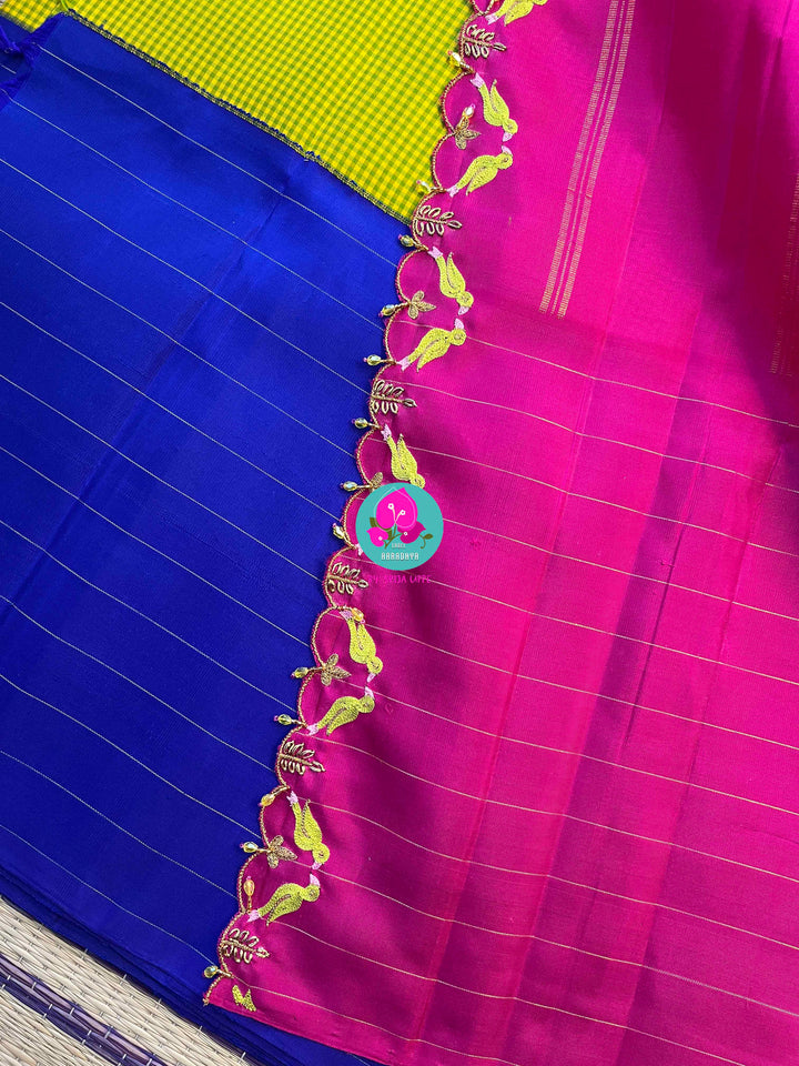 The Modern Madras: Checked Kanjivaram Saree in Chartreuse & Fuchsia with Ganga Jamuna Borders