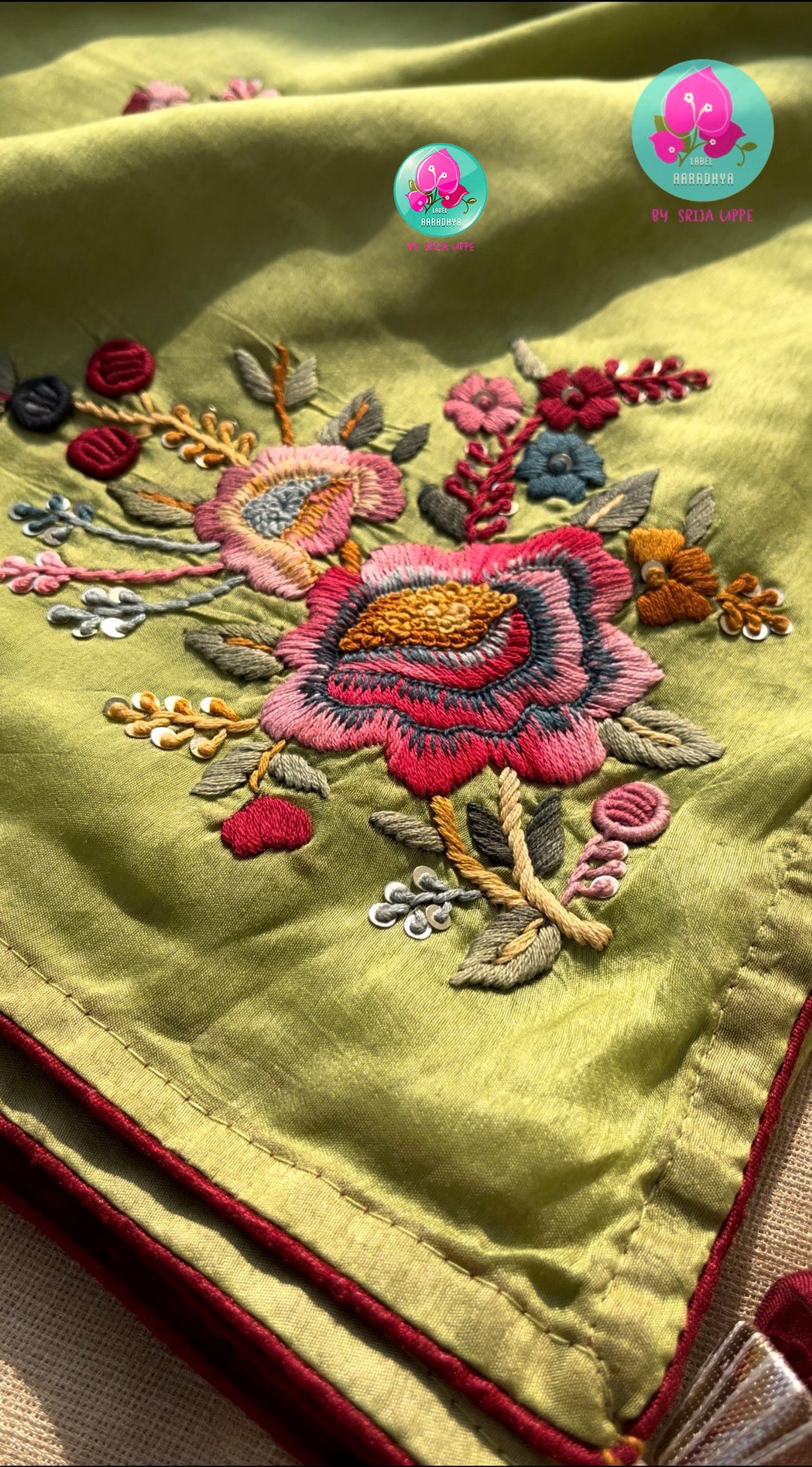 Botanical Meadow Grace: Light Olive Green Pure Tussar Silk Saree with Handloom Floral Threadwork Embroidery & Coordinated Designer Blouse