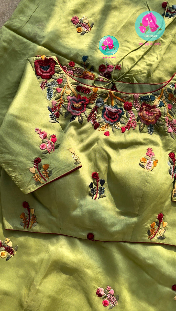 Botanical Meadow Grace: Light Olive Green Pure Tussar Silk Saree with Handloom Floral Threadwork Embroidery & Coordinated Designer Blouse