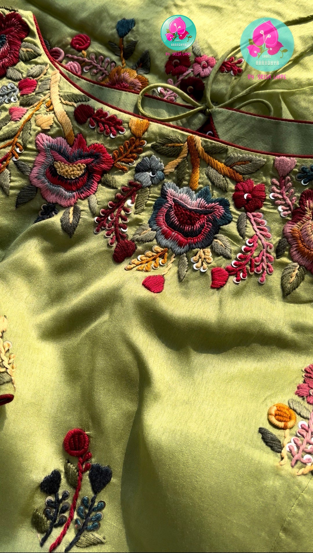 Botanical Meadow Grace: Light Olive Green Pure Tussar Silk Saree with Handloom Floral Threadwork Embroidery & Coordinated Designer Blouse