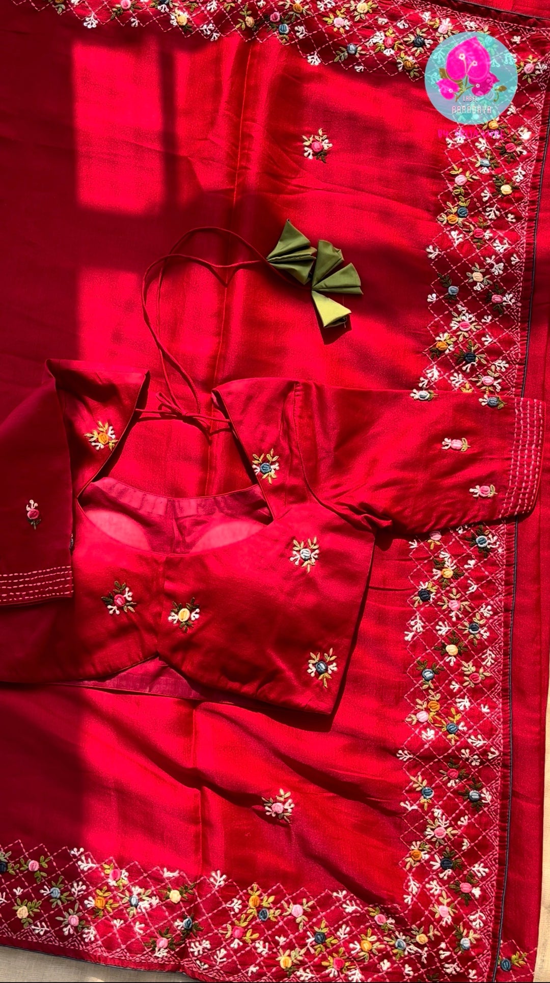 Passionate Crimson Radiance: Red Semi-Tussar Silk Saree with Geometric French Knot Embroidery & Patterned Designer Blouse