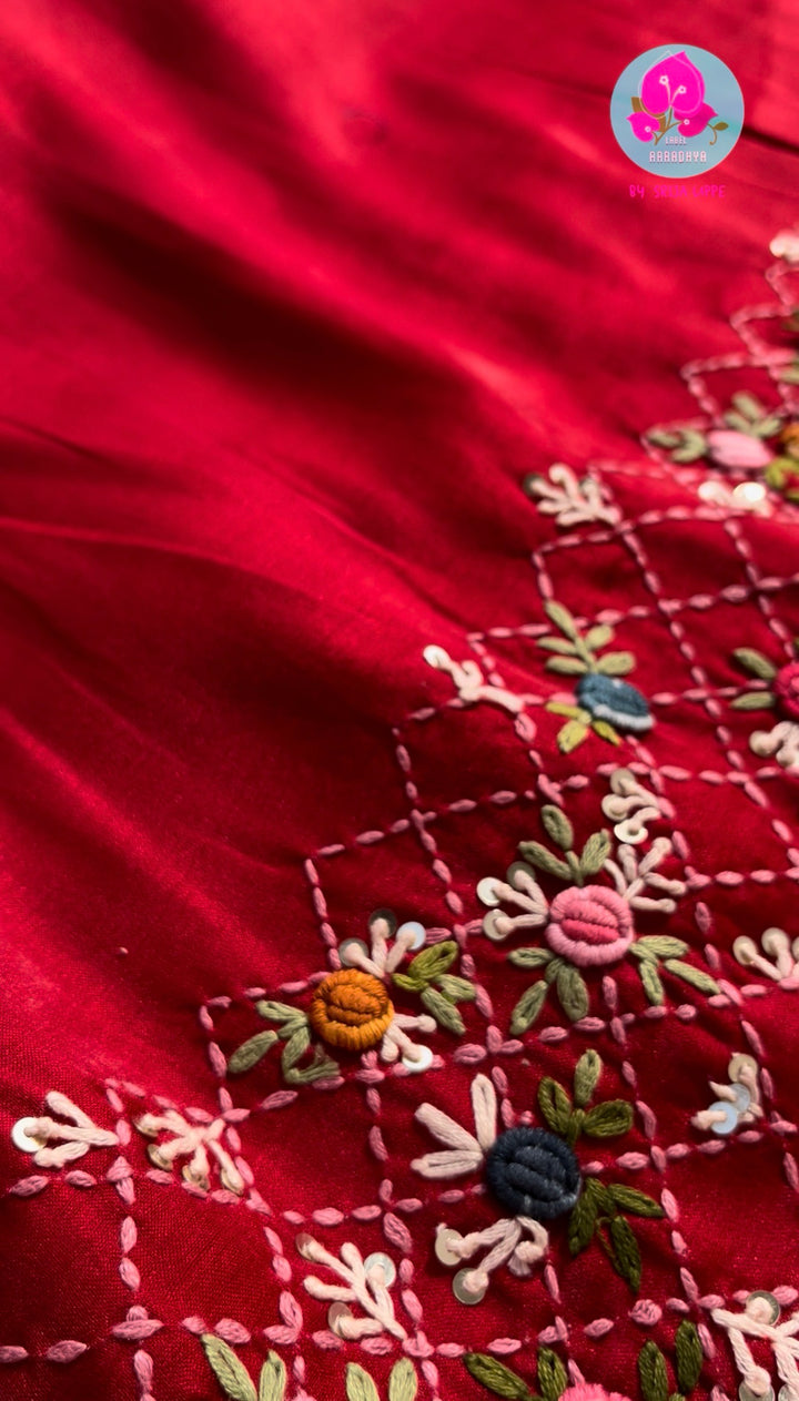 Passionate Crimson Radiance: Red Semi-Tussar Silk Saree with Geometric French Knot Embroidery & Patterned Designer Blouse