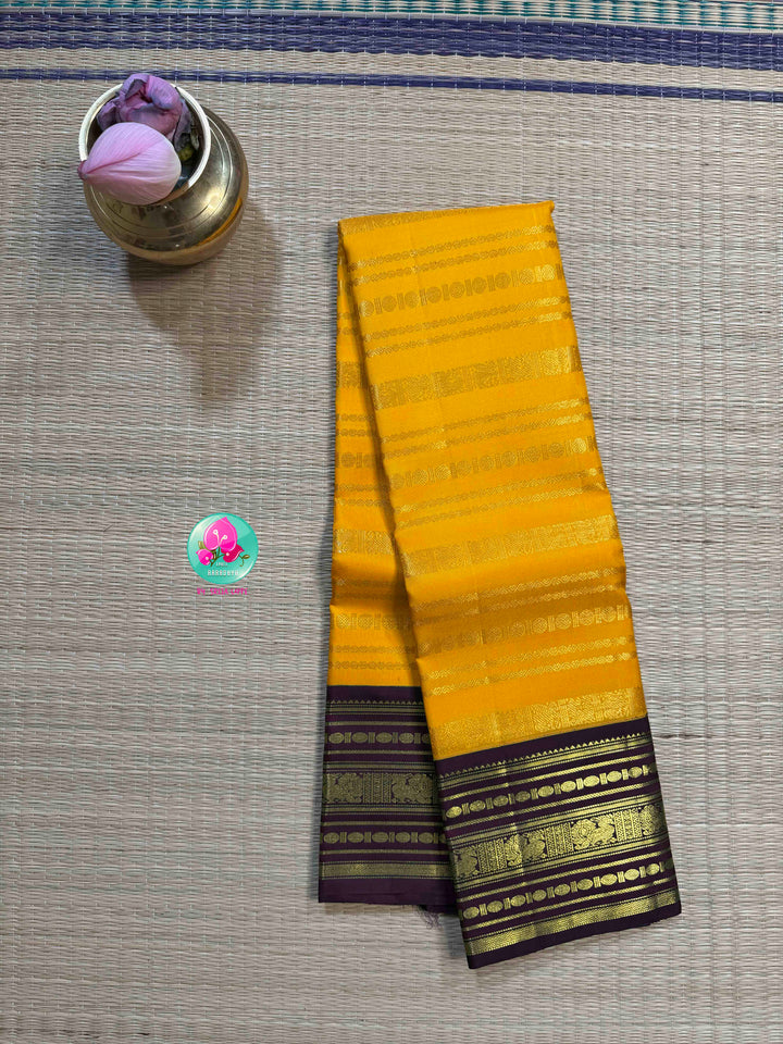 Golden Vines & Amethyst Shadows: Traditional Yellow 2G Kanchipattu saree with Beldari Grandeur
