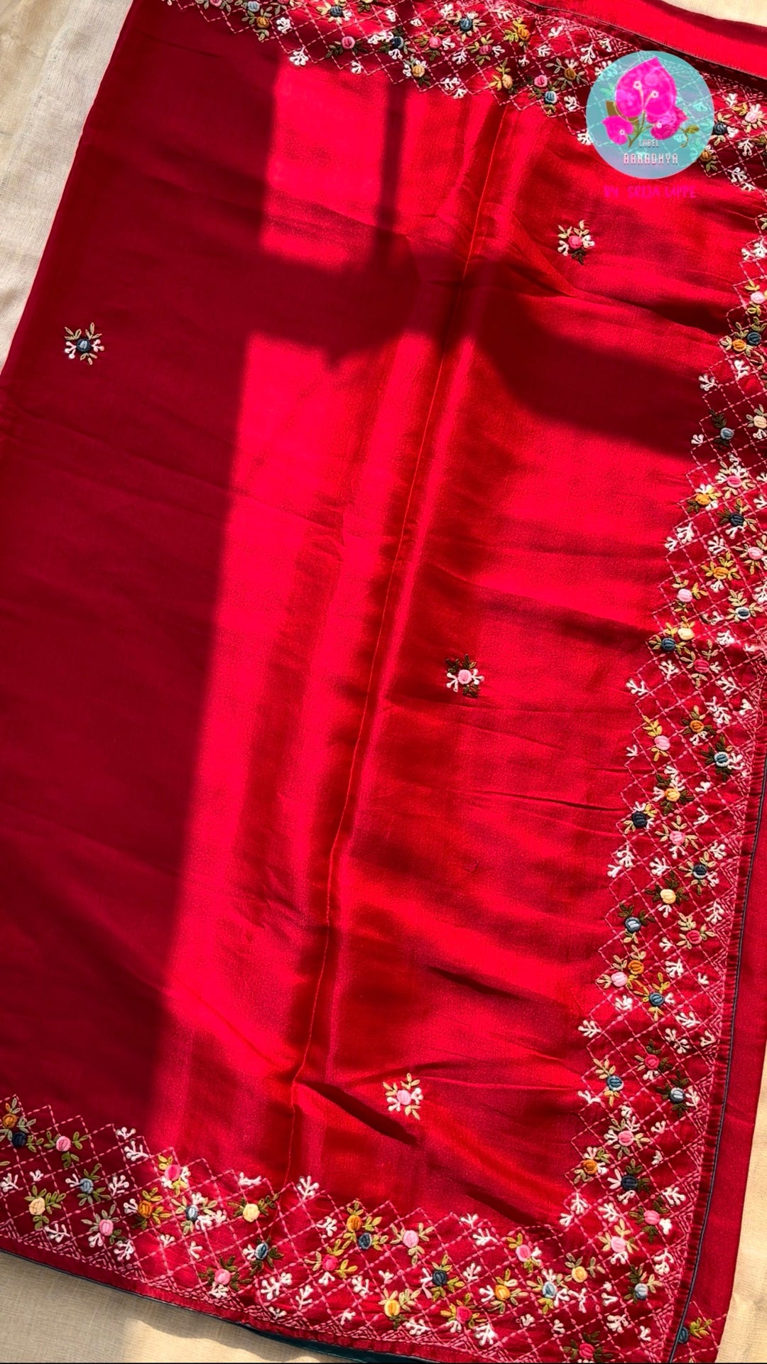 Passionate Crimson Radiance: Red Semi-Tussar Silk Saree with Geometric French Knot Embroidery & Patterned Designer Blouse