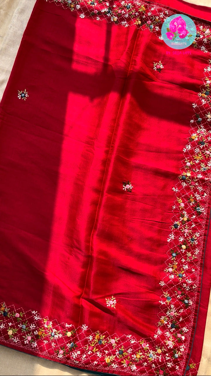 Passionate Crimson Radiance: Red Semi-Tussar Silk Saree with Geometric French Knot Embroidery & Patterned Designer Blouse