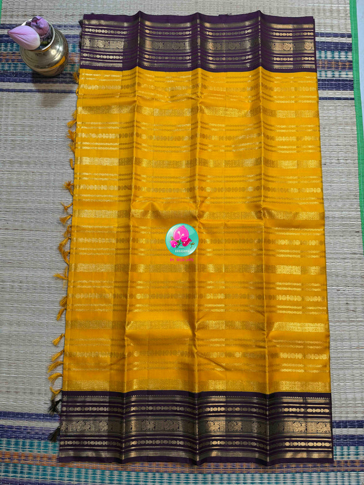 Golden Vines & Amethyst Shadows: Traditional Yellow 2G Kanchipattu saree with Beldari Grandeur