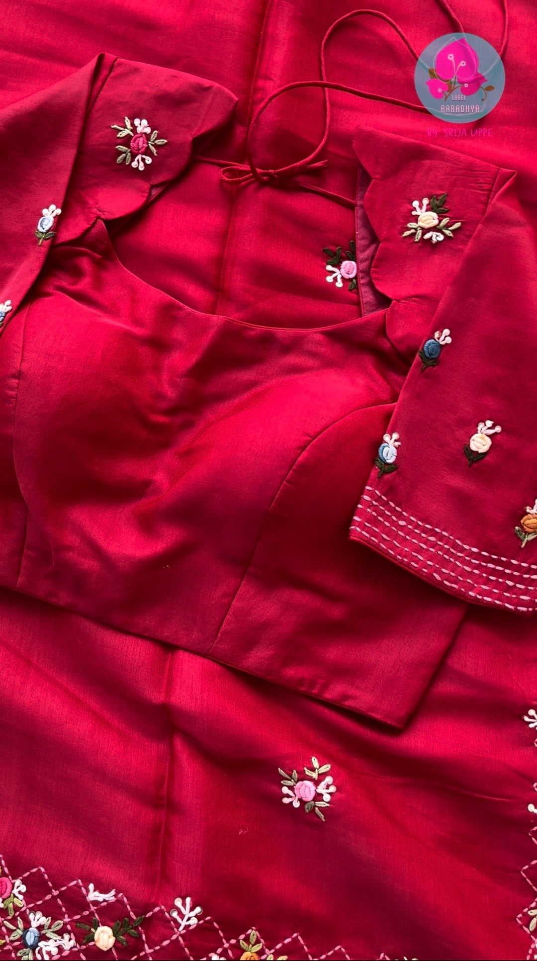 Passionate Crimson Radiance: Red Semi-Tussar Silk Saree with Geometric French Knot Embroidery & Patterned Designer Blouse