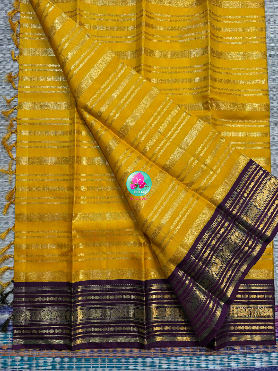 Golden Vines & Amethyst Shadows: Traditional Yellow 2G Kanchipattu saree with Beldari Grandeur