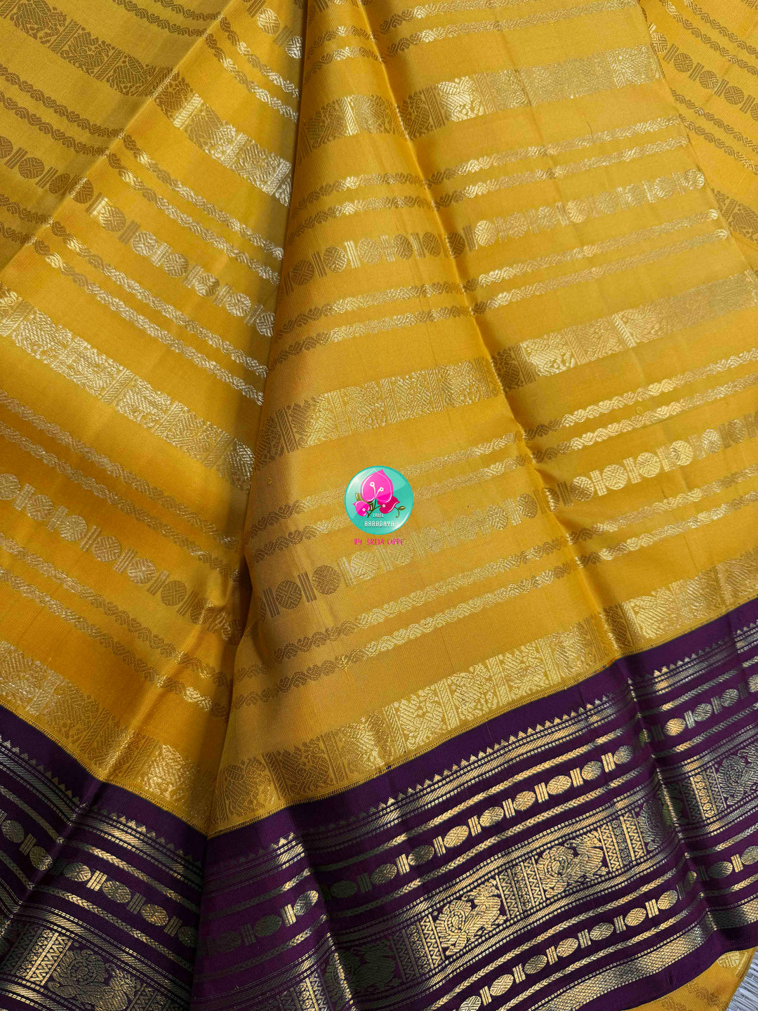 Golden Vines & Amethyst Shadows: Traditional Yellow 2G Kanchipattu saree with Beldari Grandeur