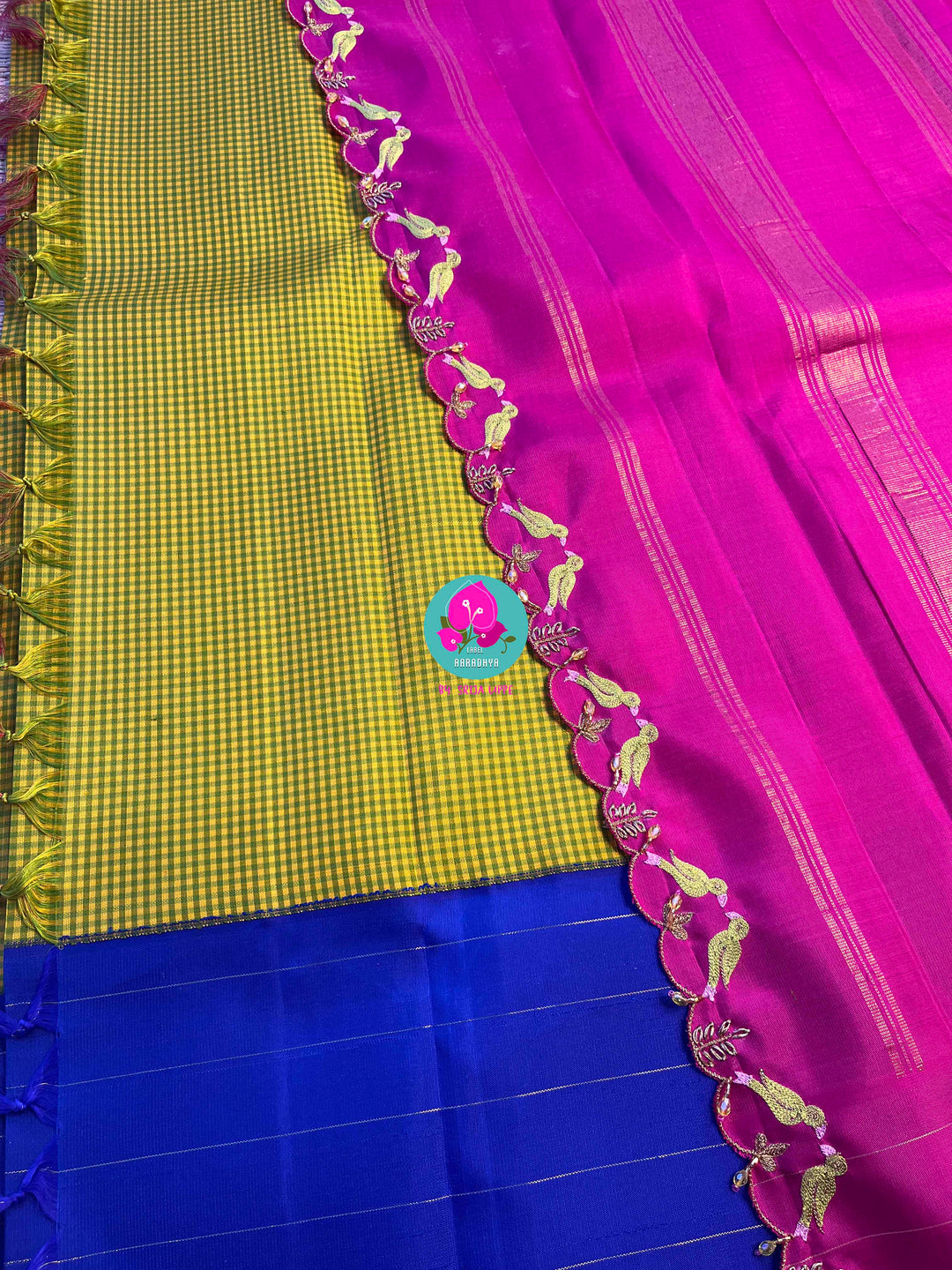 The Modern Madras: Checked Kanjivaram Saree in Chartreuse & Fuchsia with Ganga Jamuna Borders