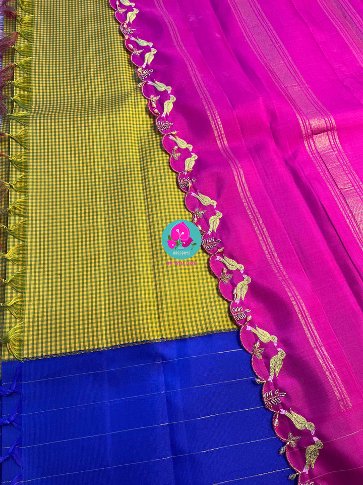 The Modern Madras: Checked Kanjivaram Saree in Chartreuse & Fuchsia with Ganga Jamuna Borders