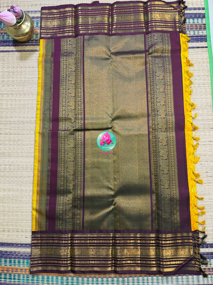 Golden Vines & Amethyst Shadows: Traditional Yellow 2G Kanchipattu saree with Beldari Grandeur