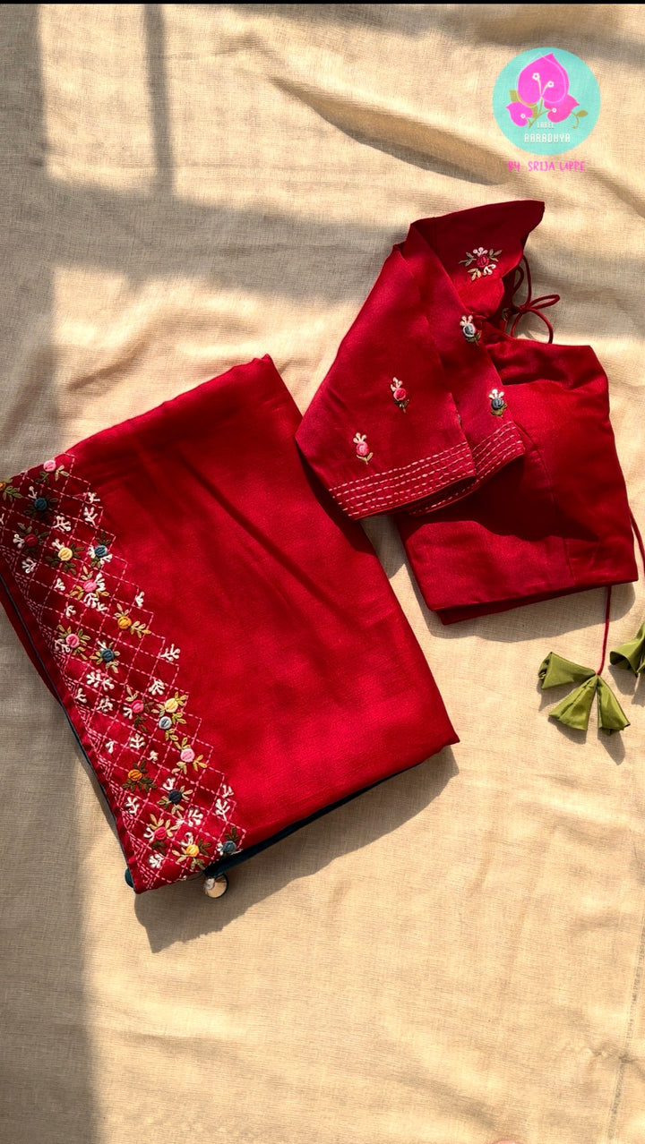 Passionate Crimson Radiance: Red Semi-Tussar Silk Saree with Geometric French Knot Embroidery & Patterned Designer Blouse