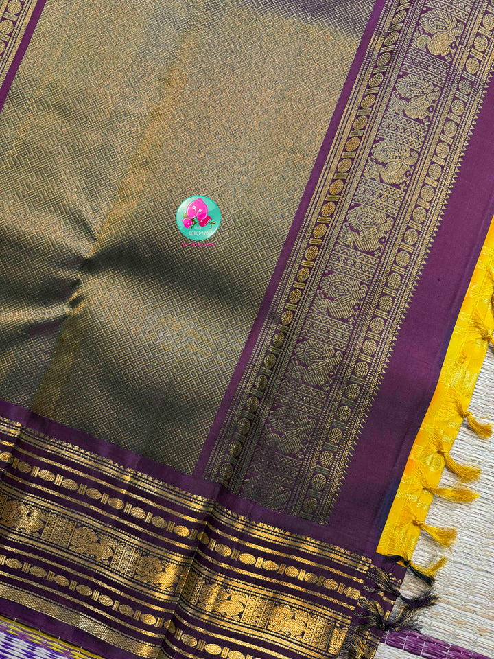 Golden Vines & Amethyst Shadows: Traditional Yellow 2G Kanchipattu saree with Beldari Grandeur