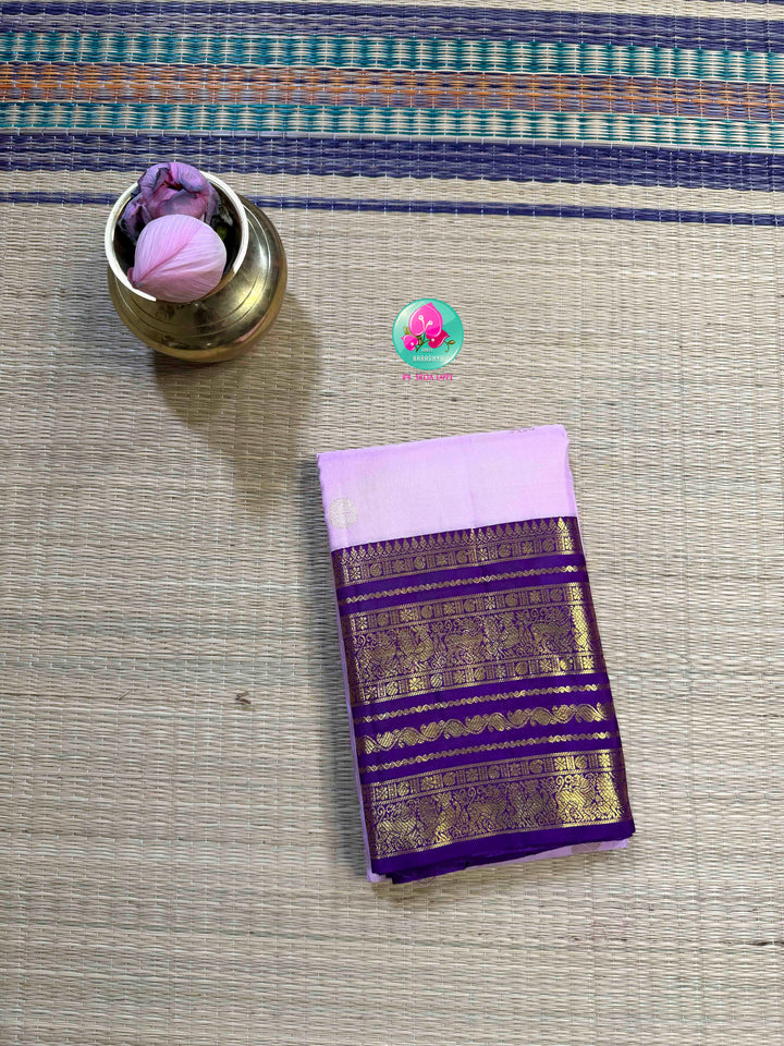 "Decemberaalu": Light Lilac Pure Kanchipattu Saree with Royal Amethyst Borders