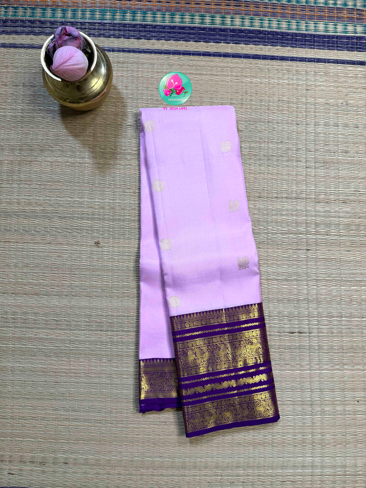 "Decemberaalu": Light Lilac Pure Kanchipattu Saree with Royal Amethyst Borders