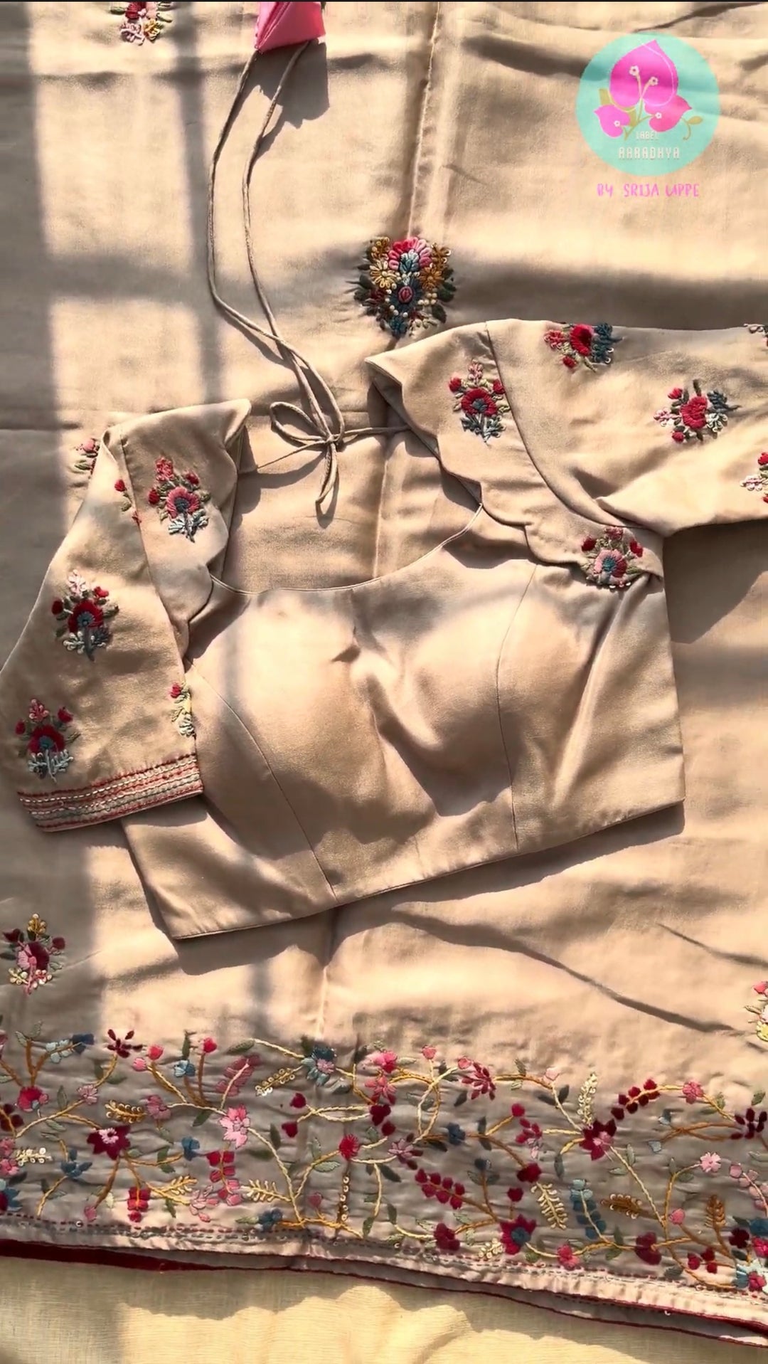Understated Neutral Elegance: Beige Semi-Tussar Silk Saree with Handmade French Knot Embroidery & Scalloped Patterned Blouse