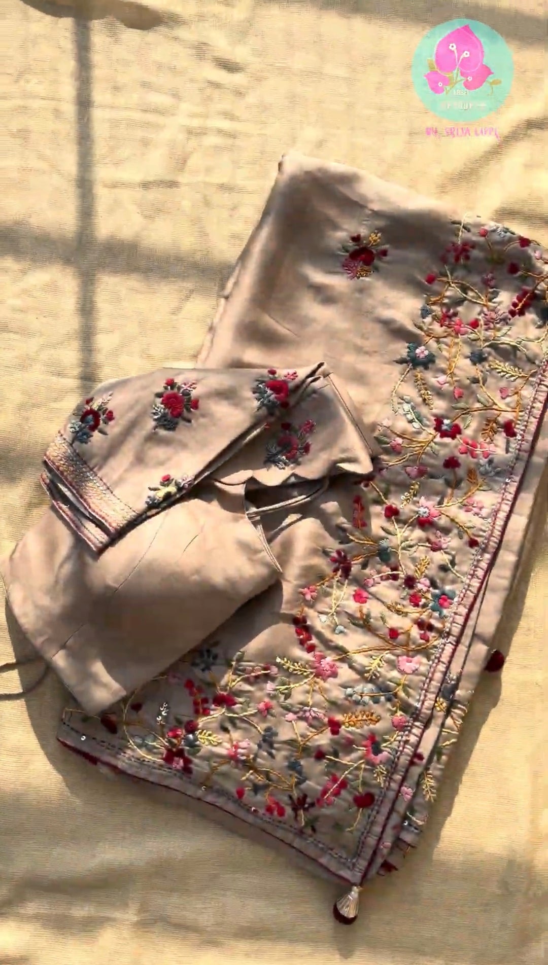 Understated Neutral Elegance: Beige Semi-Tussar Silk Saree with Handmade French Knot Embroidery & Scalloped Patterned Blouse
