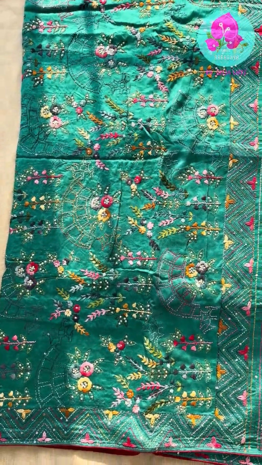 Luminous Sea Green Radiance: Semi-Tussar Silk Saree with Handmade French Knot Embroidery & Scalloped Patterned Blouse