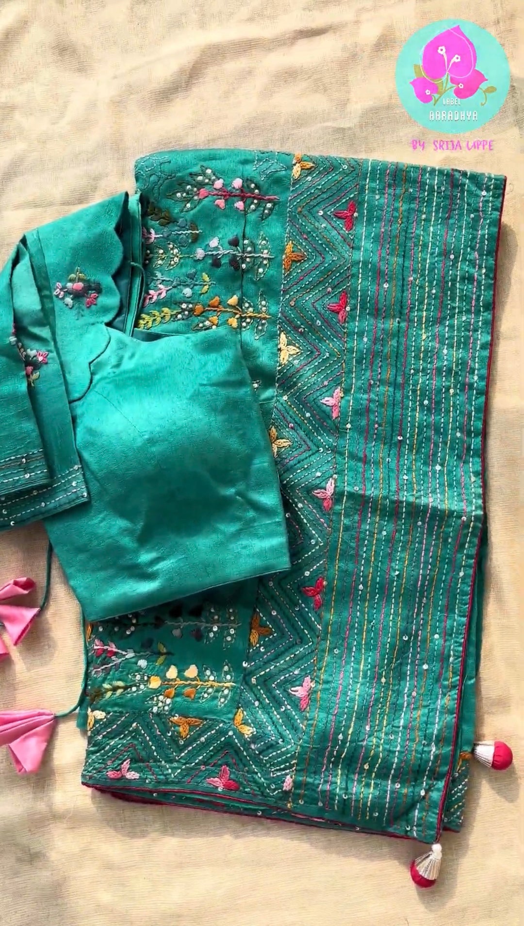 Luminous Sea Green Radiance: Semi-Tussar Silk Saree with Handmade French Knot Embroidery & Scalloped Patterned Blouse