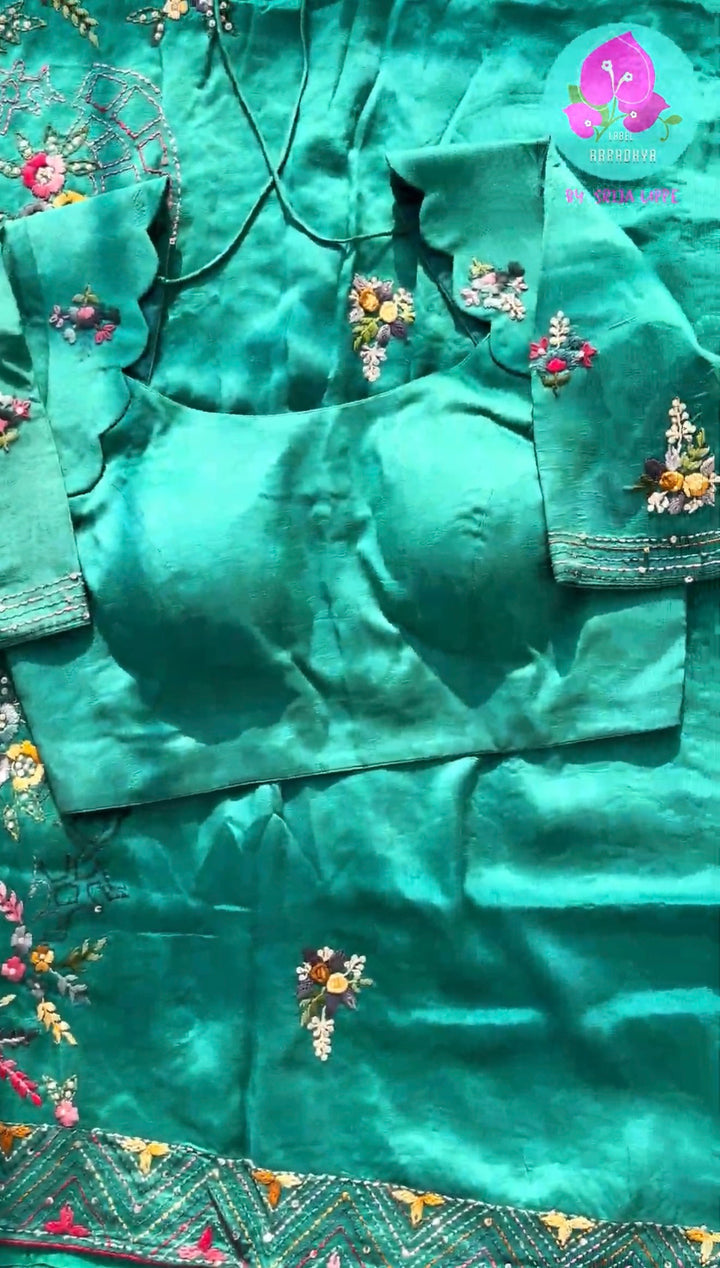 Luminous Sea Green Radiance: Semi-Tussar Silk Saree with Handmade French Knot Embroidery & Scalloped Patterned Blouse