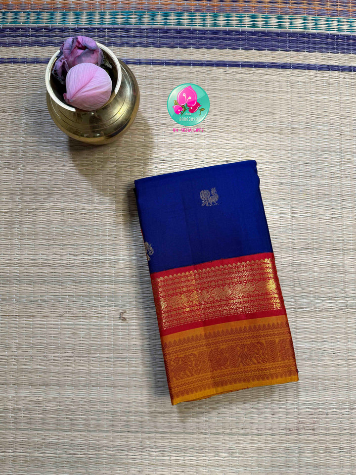 Sapphire Sovereignty: Vintage Royal Blue Kanchipattu with 2G Double-Border Majesty