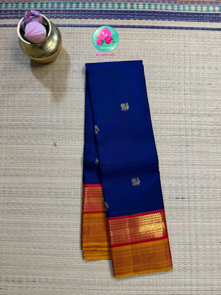 Sapphire Sovereignty: Vintage Royal Blue Kanchipattu with 2G Double-Border Majesty