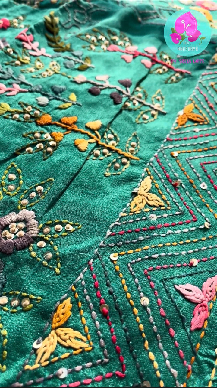 Luminous Sea Green Radiance: Semi-Tussar Silk Saree with Handmade French Knot Embroidery & Scalloped Patterned Blouse