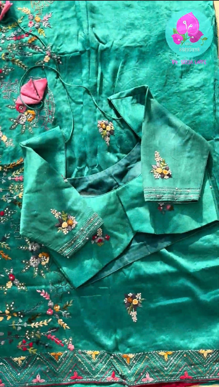 Luminous Sea Green Radiance: Semi-Tussar Silk Saree with Handmade French Knot Embroidery & Scalloped Patterned Blouse