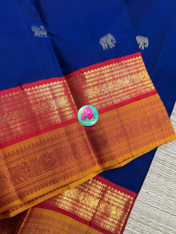 Sapphire Sovereignty: Vintage Royal Blue Kanchipattu with 2G Double-Border Majesty