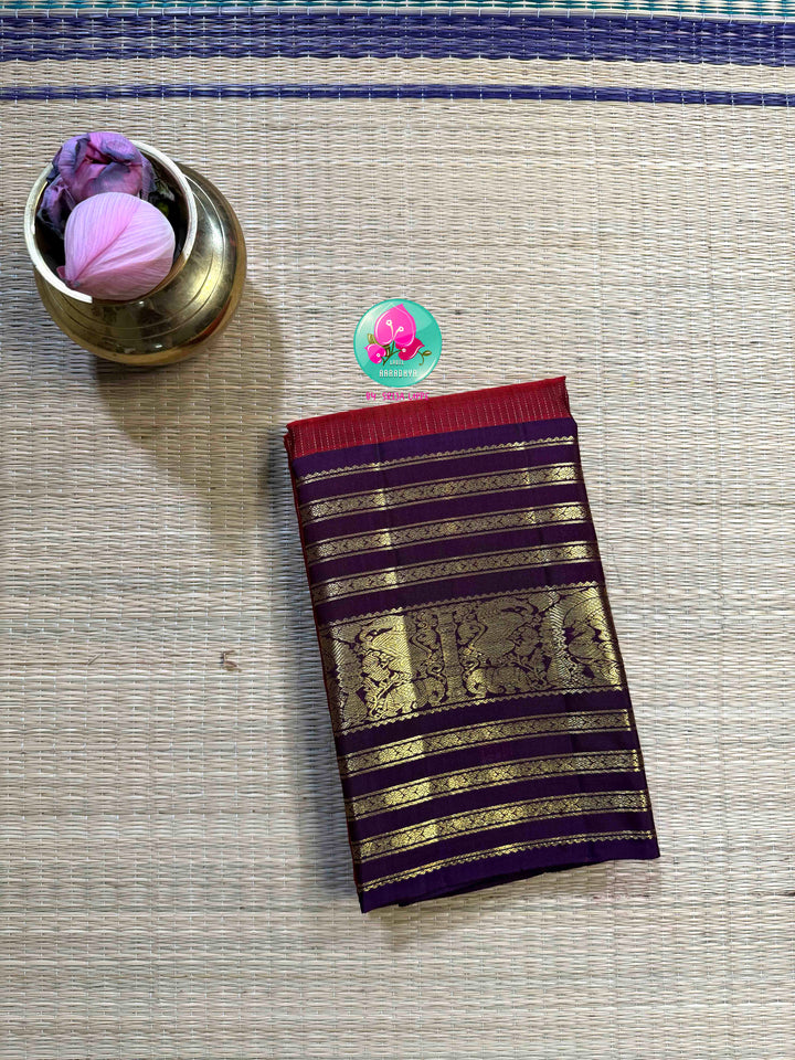 Crimson Majesty: Maroon Vaira Oosi Kanchipattu saree with Royal Purple Grandeur
