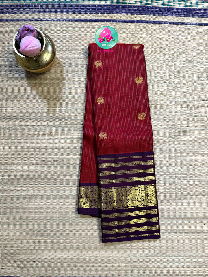 Crimson Majesty: Maroon Vaira Oosi Kanchipattu saree with Royal Purple Grandeur