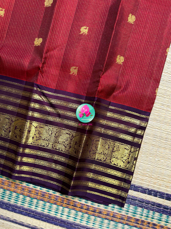 Crimson Majesty: Maroon Vaira Oosi Kanchipattu saree with Royal Purple Grandeur