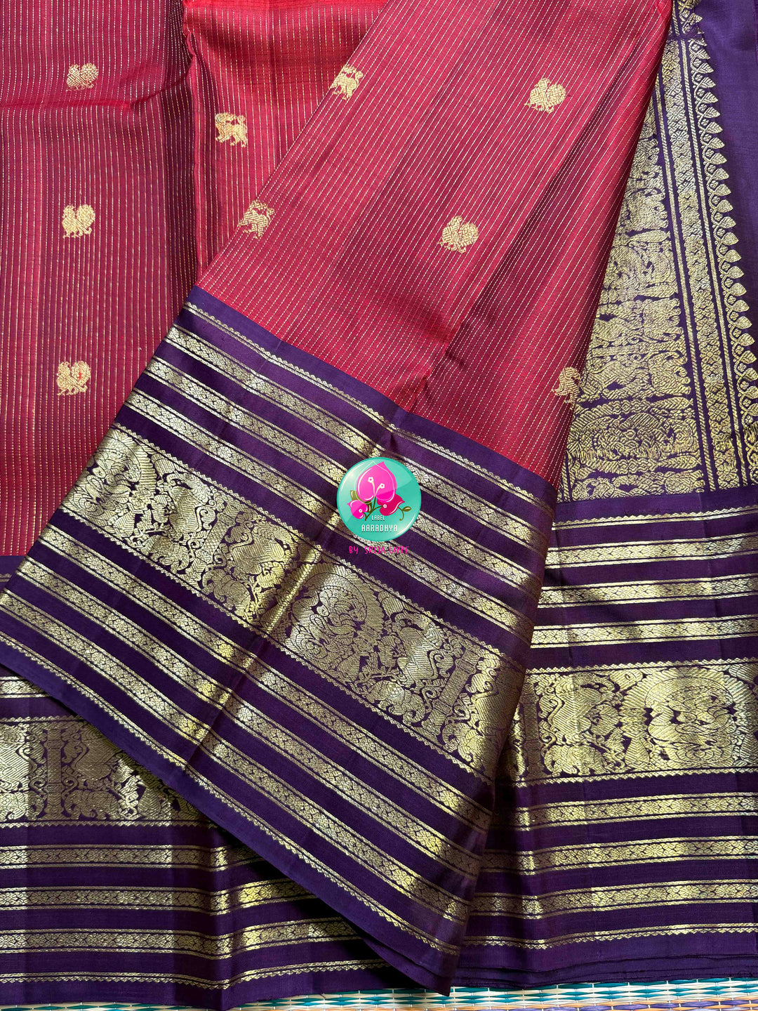 Crimson Majesty: Maroon Vaira Oosi Kanchipattu saree with Royal Purple Grandeur