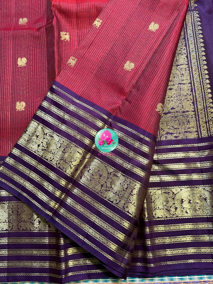 Crimson Majesty: Maroon Vaira Oosi Kanchipattu saree with Royal Purple Grandeur
