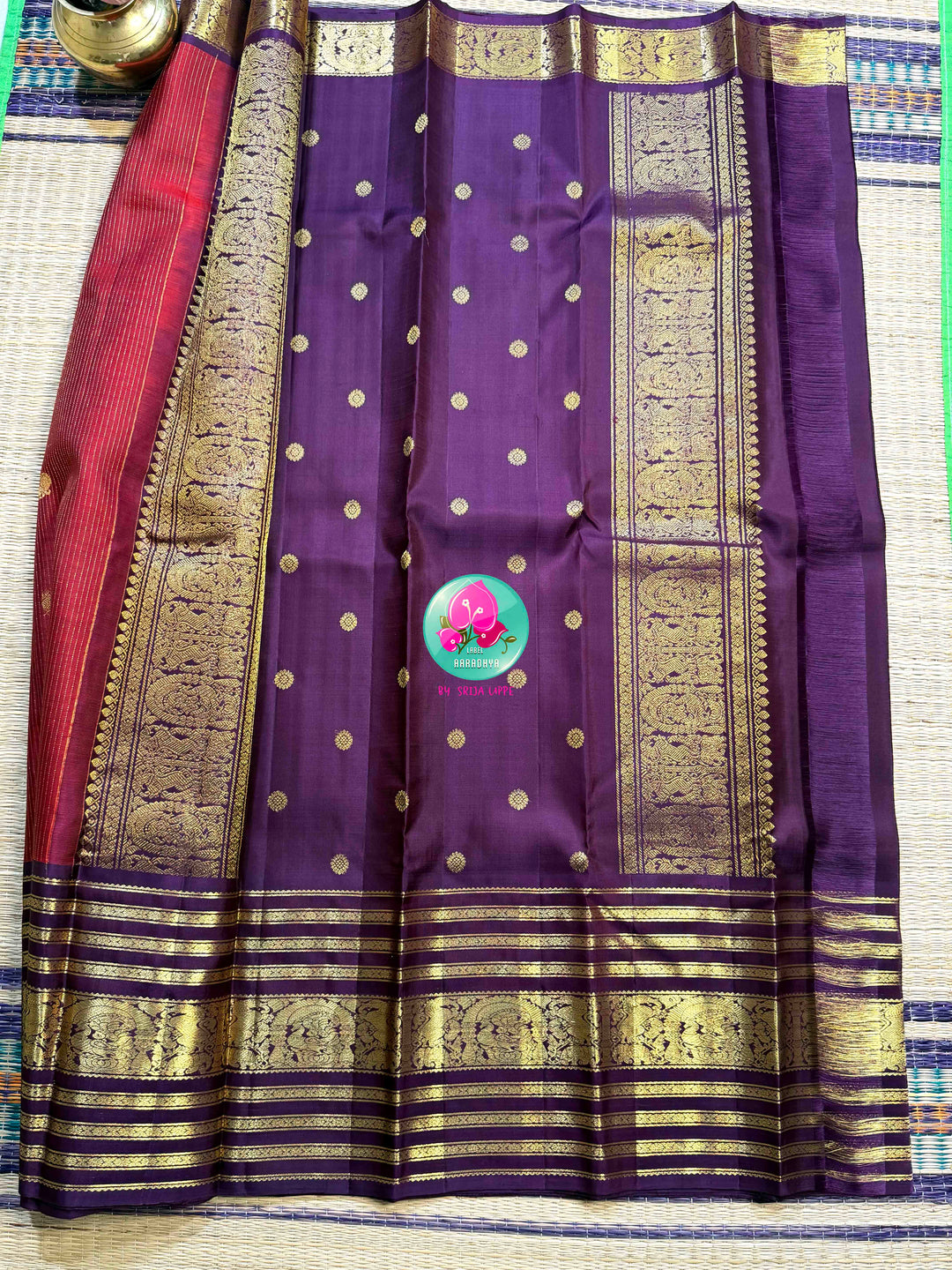 Crimson Majesty: Maroon Vaira Oosi Kanchipattu saree with Royal Purple Grandeur