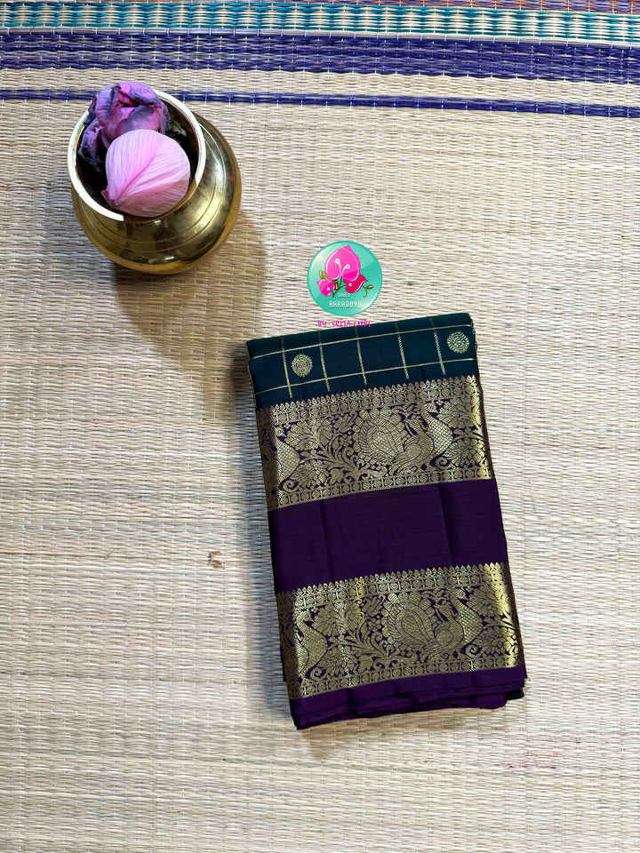 Emerald Geometry: Dark Bottle Green 3G Kanchipattu saree with Royal Purple Majesty