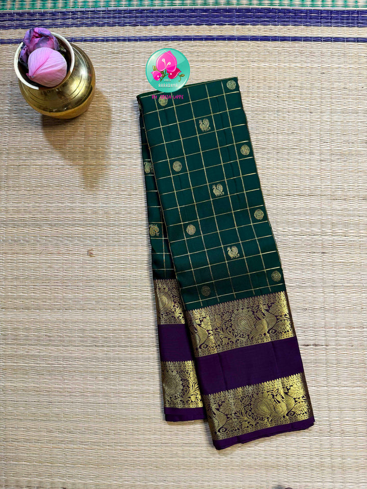 Emerald Geometry: Dark Bottle Green 3G Kanchipattu saree with Royal Purple Majesty