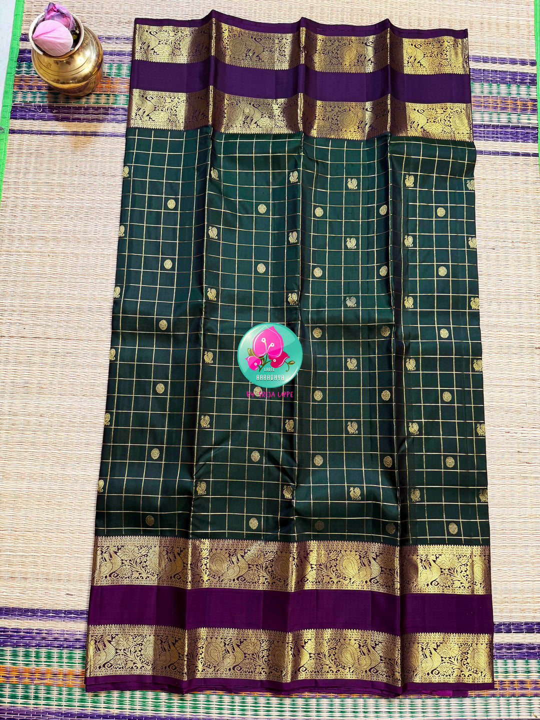 Emerald Geometry: Dark Bottle Green 3G Kanchipattu saree with Royal Purple Majesty
